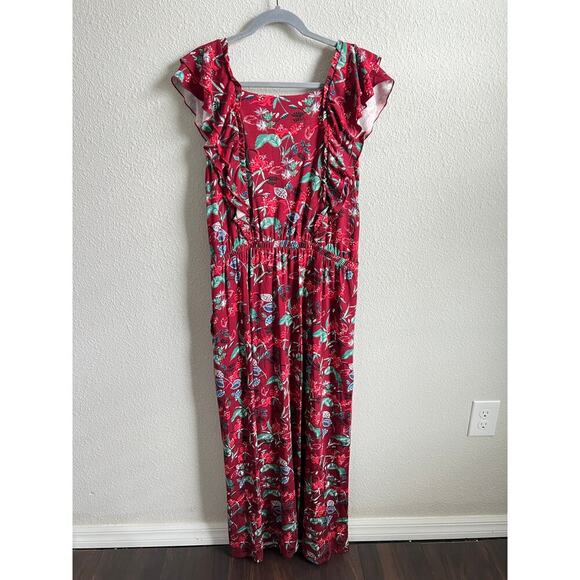 Garnet Hill Dulce Knit Maxi Dress Women's L Red Fantasy Floral Ruffle Stretch - Picture 5 of 7